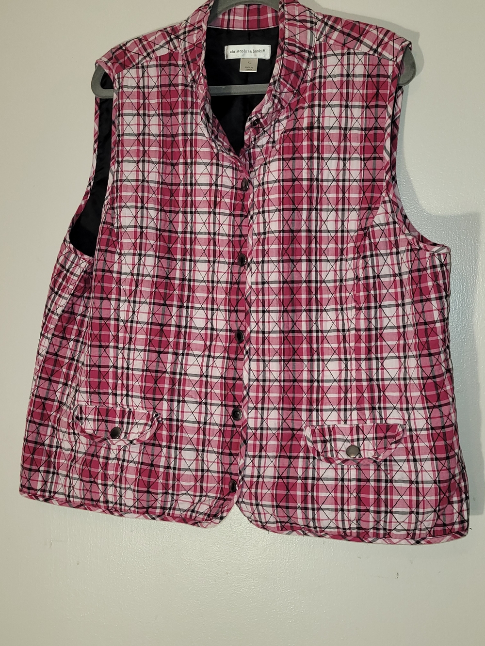 Christopher & Banks Womans Pink Plaid Quilted Vest